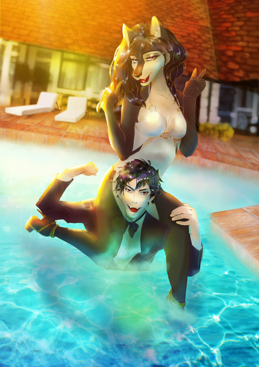 anthro black_clothing black_suit bow_tie canid canine carrying_another chair claws clothing colored dress duo fangs female fox furniture gesture grin hand_gesture hi_res holding_leg human humanoid light looking_at_viewer male male/female mammal markoos open_mouth piggyback pool pool_chair rashayritto romantic romantic_couple smile suit sun sunlight teeth the_sake_ninja tongue true_fox v_sign water wet wet_clothing