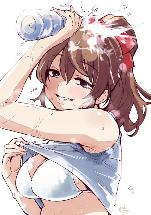 armpits bikini blue_eyes blush bottle breasts brown_hair cleavage clothes_pull hair_between_eyes hair_ribbon holding holding_bottle idolmaster idolmaster_million_live! idolmaster_million_live!_theater_days large_breasts long_hair looking_at_viewer mitogawawataru ponytail pulled_by_self red_ribbon ribbon satake_minako shirt shirt_pull sidelocks signature simple_background sleeveless splashing sweat swimsuit upper_body water_bottle water_drop wavy_hair wet wet_clothes wet_hair wet_shirt white_background white_bikini white_shirt