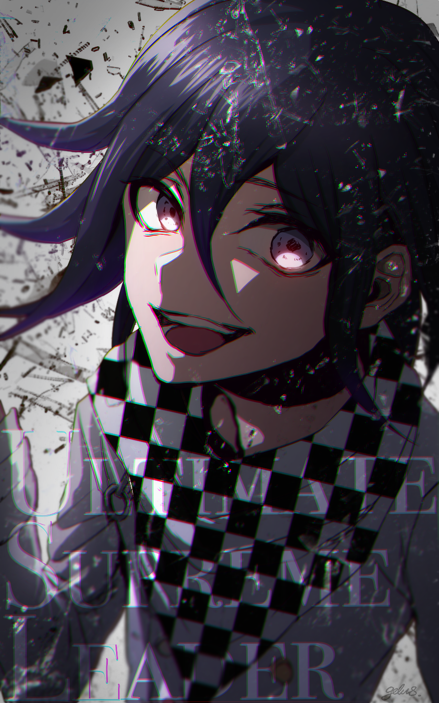 1boy backlighting blurry buttons checkered_clothes checkered_scarf chromatic_aberration danganronpa_(series) danganronpa_v3:_killing_harmony depth_of_field english_text flipped_hair glass hair_between_eyes highres long_sleeves looking_at_viewer male_focus oma_kokichi open_mouth purple_eyes purple_hair scarf short_hair smile solo straitjacket teeth upper_body zerusu_(gelus)