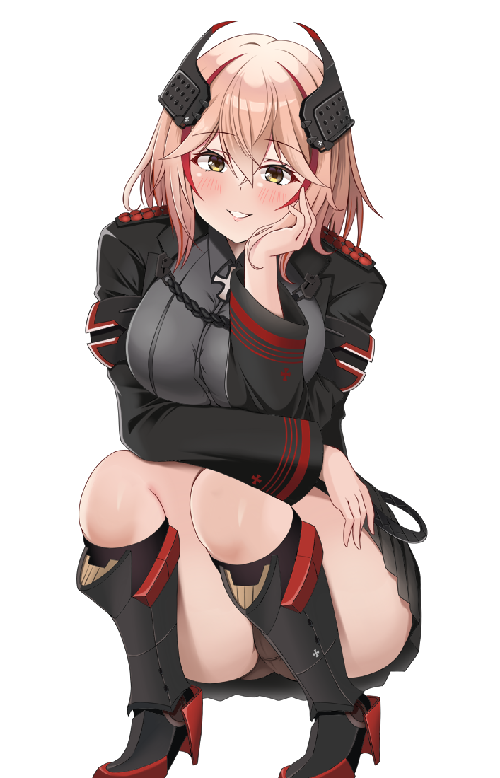 1girl :d amamiya_akira arm_on_knee arm_support arm_under_breasts armored_boots ass azur_lane black_jacket black_panties black_skirt blonde_hair blush boots breast_rest breasts collared_shirt commentary_request cross full_body grey_shirt grin hair_between_eyes hand_on_own_cheek hand_on_own_face head_rest headgear high_heel_boots high_heels iron_cross jacket knee_boots kneeling knees_together_feet_apart large_breasts leaning_forward long_sleeves looking_at_viewer medium_hair multicolored_hair open_clothes open_jacket panties parted_lips pleated_skirt red_hair roon_(azur_lane) shirt skirt smile solo streaked_hair thighs two-tone_hair underwear upskirt yellow_eyes