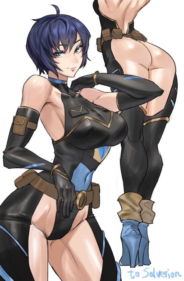 1girl ass belt blue_eyes blue_hair breasts chaps choker from_behind high_heels juaag_acgy light_smile looking_at_viewer original short_hair utility_belt