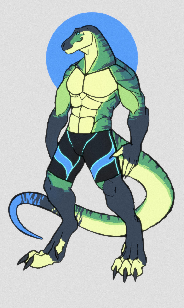 anthro clothed clothing daxl_(daxlmonitor) daxlmonitor digitigrade hi_res lizard long_tail male monitor_lizard muscular partially_clothed reptile scalie smile solo swimming_trunks swimwear tail tapering_tail