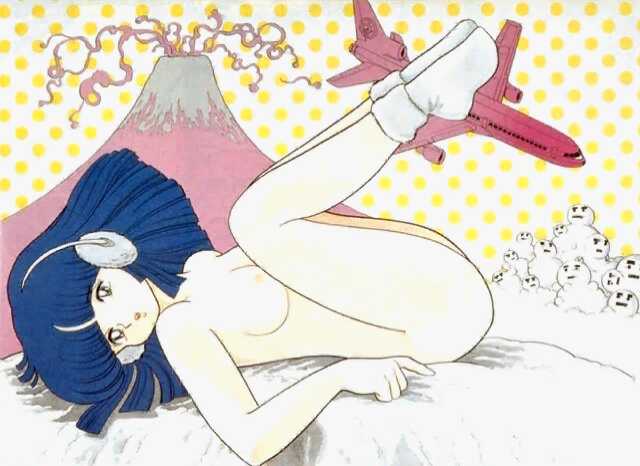 1980s_(style) aircraft airplane azuma_hideo blue_hair bobby_socks breasts earmuffs full_body looking_at_viewer lying medium_breasts nipples non-web_source nude on_back original parted_lips pop_art retro_artstyle socks solo surreal traditional_media volcano