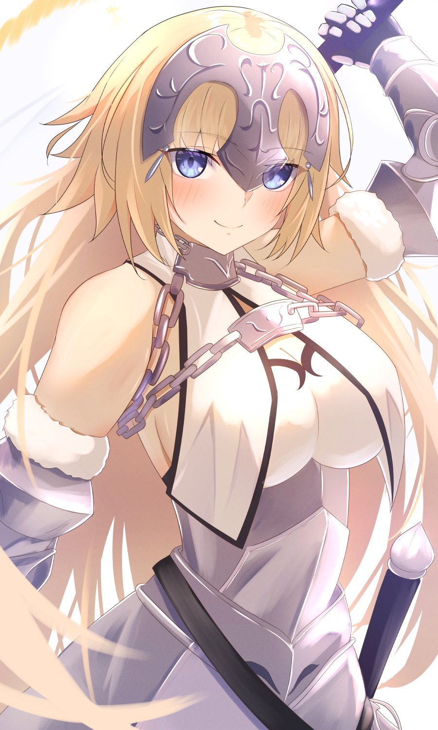 1girl armor armored_dress bare_shoulders blonde_hair blue_eyes blush breasts chain fate/grand_order fate_(series) fur_trim gauntlets gloves headpiece highres holding jeanne_d'arc_(fate) jeanne_d'arc_(third_ascension)_(fate) large_breasts long_hair looking_at_viewer smile solo sword thighhighs umi_endu very_long_hair weapon