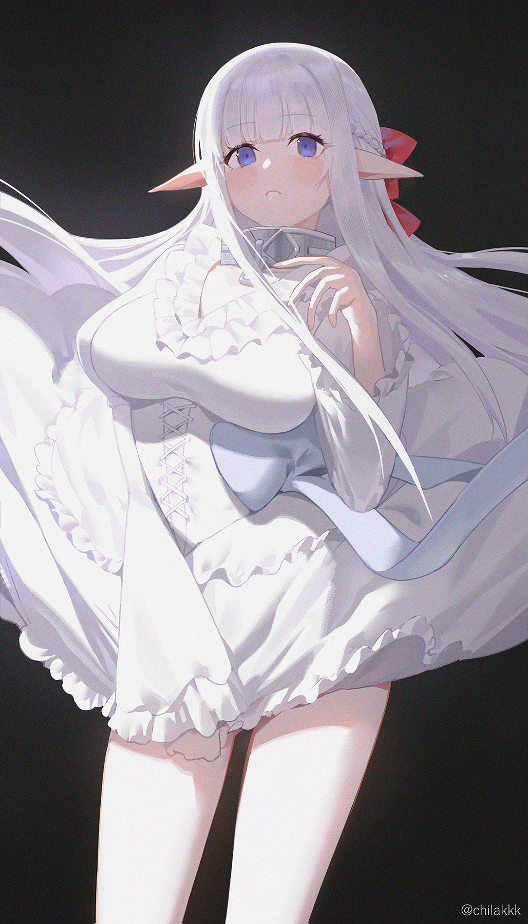 1girl black_background blue_eyes blush_stickers bow braid breasts chilakkk collar commentary corset dress dress_tug elf feet_out_of_frame floating_clothes floating_hair frilled_dress frilled_sleeves frills grey_hair hair_bow hand_up highres large_breasts long_hair long_pointy_ears long_sleeves looking_at_viewer maou_no_ore_ga_dorei_elf_wo_yome_ni_shitanda_ga_dou_medereba_ii? metal_collar nefelia parted_lips pointy_ears red_bow sidelocks simple_background solo standing teeth twitter_username very_long_hair white_corset white_dress wide_sleeves