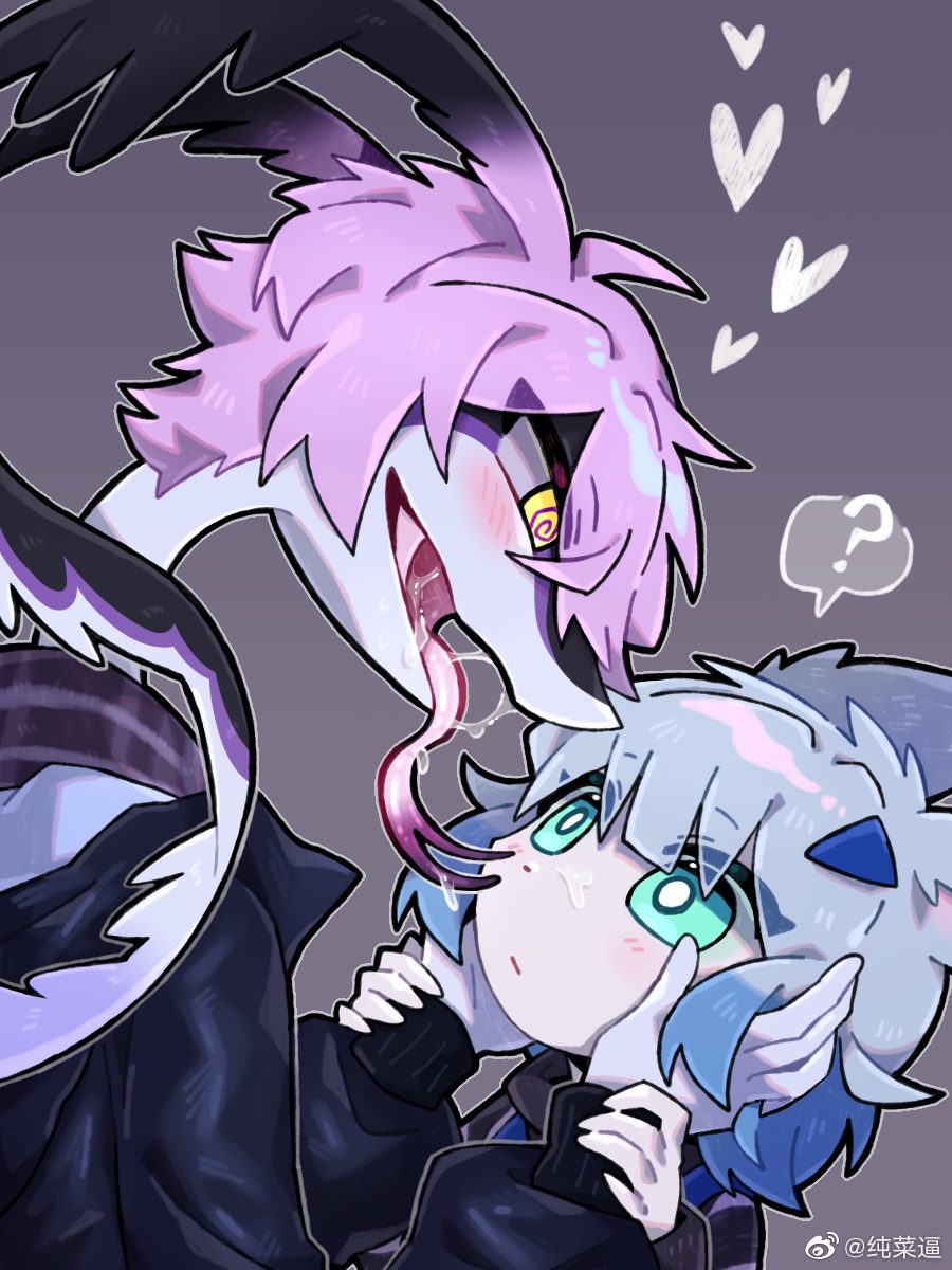 ah_xin_(zhang_gun) anthro blue_eyes blue_hair clothed clothing drooling_onto_other duo female grey_background hair heart_symbol hi_res kemono lagomorph leporid mammal open_mouth pink_hair pink_tongue question_mark rabbit reptile scalie simple_background snake teal_eyes tongue xiaohen_(zhang_gun) yellow_eyes zhang_gun