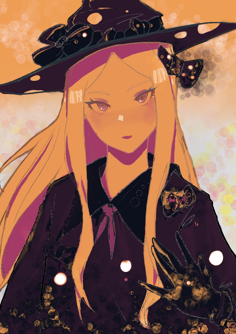 1girl abigail_williams_(fate) alternate_costume black_bow black_dress black_gloves black_hat blonde_hair blush bow colored_skin dress fate/grand_order fate_(series) forehead gloves hair_bow hat hat_bow long_hair long_sleeves looking_at_viewer multicolored_background orange_skin parted_bangs parted_lips red_eyes smile solo upper_body witch_hat zilia