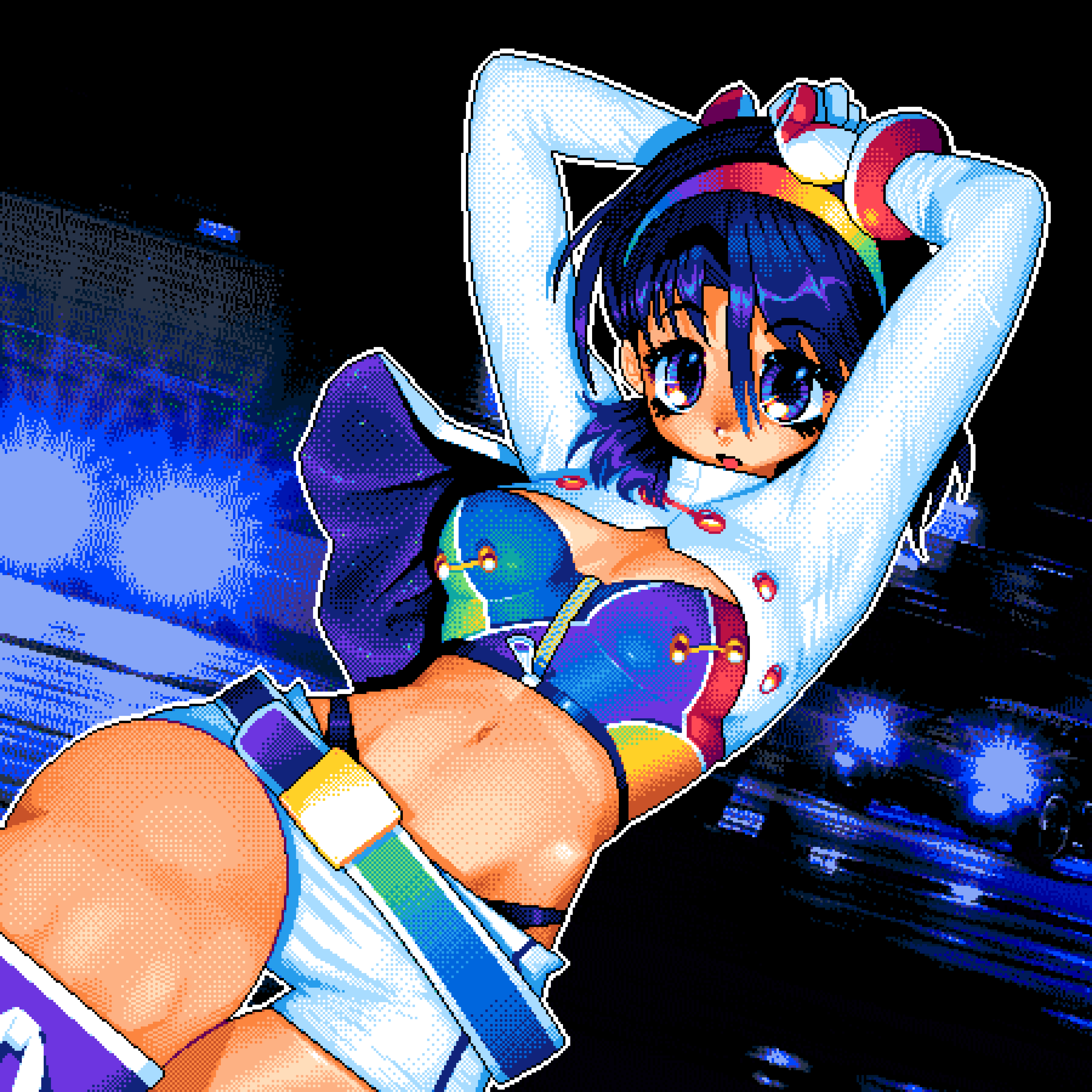 1980s_(style) 1girl absurdres blue_eyes blue_hair blue_panties car crop_top cropped_jacket cropped_shirt dutch_angle groin hairband highres jacket long_sleeves motor_vehicle multicolored_belt multicolored_clothes multicolored_hairband multicolored_skirt navel panties parted_lips pixel_art pxlfrug race_queen rainbow_gradient retro_artstyle shorts skirt solo stomach tenkyuu_chimata touhou underwear white_jacket white_shorts