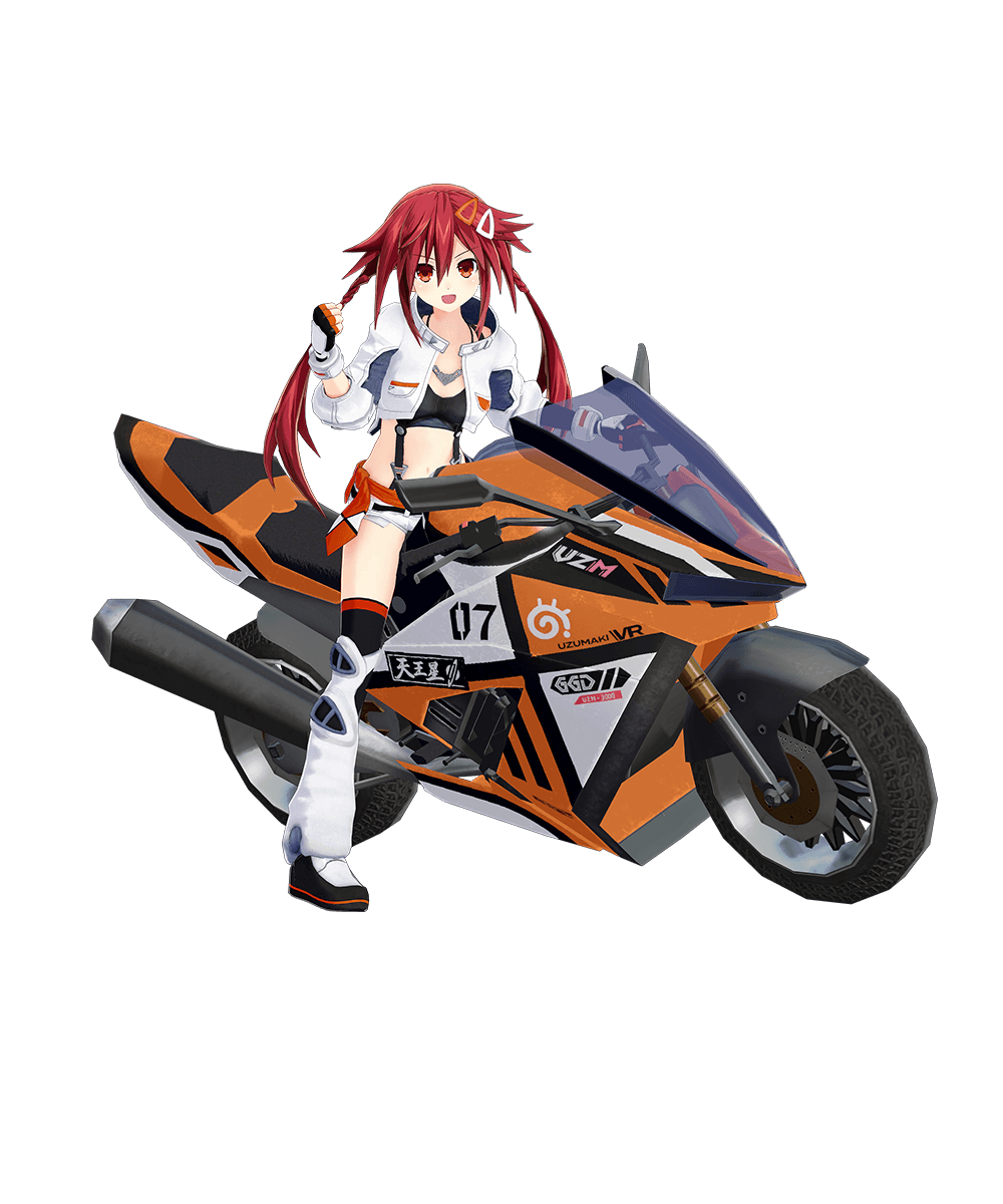 1girl :d black_bra bra braid breasts clenched_hand cropped_jacket full_body hair_between_eyes hand_up highres jacket long_hair micro_shorts midriff navel neptune_(series) official_art on_motorcycle open_clothes open_jacket orange_eyes promotional_art red_eyes red_hair riding shorts small_breasts smile solo standing straddling suspender_shorts suspenders tennouboshi_uzume thighhighs twin_braids underwear very_long_hair white_jacket white_shorts