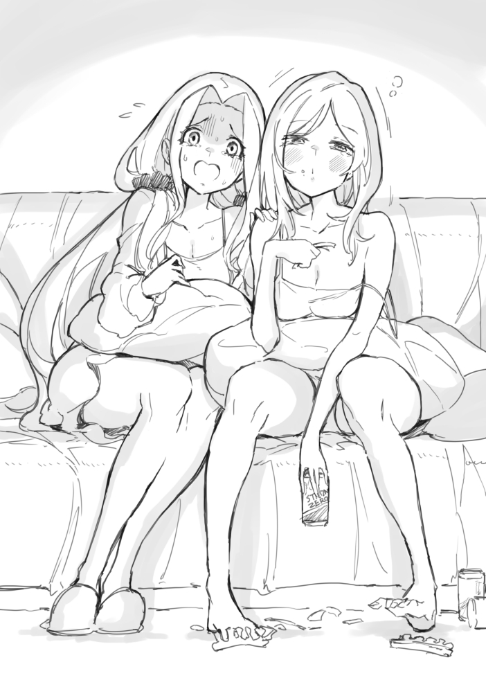 2girls bare_shoulders barefoot beer_can blush breasts camisole can chest_on_pillow cleavage collarbone couch drink_can drunk furrowed_brow greyscale hair_ornament hair_scrunchie hand_on_another's_shoulder holding holding_can horrified idolmaster idolmaster_million_live! idolmaster_million_live!_theater_days indoors large_breasts leaning_on_person legs_apart legs_together looking_at_viewer mitogawawataru momose_rio monochrome motion_lines multiple_girls nikaidou_chizuru on_couch open_mouth pillow scared scrunchie sidelocks simple_background sitting slippers spaghetti_strap straight-on straight_hair strap_slip sweat sweatdrop tearing_up turn_pale twintails wavy_mouth