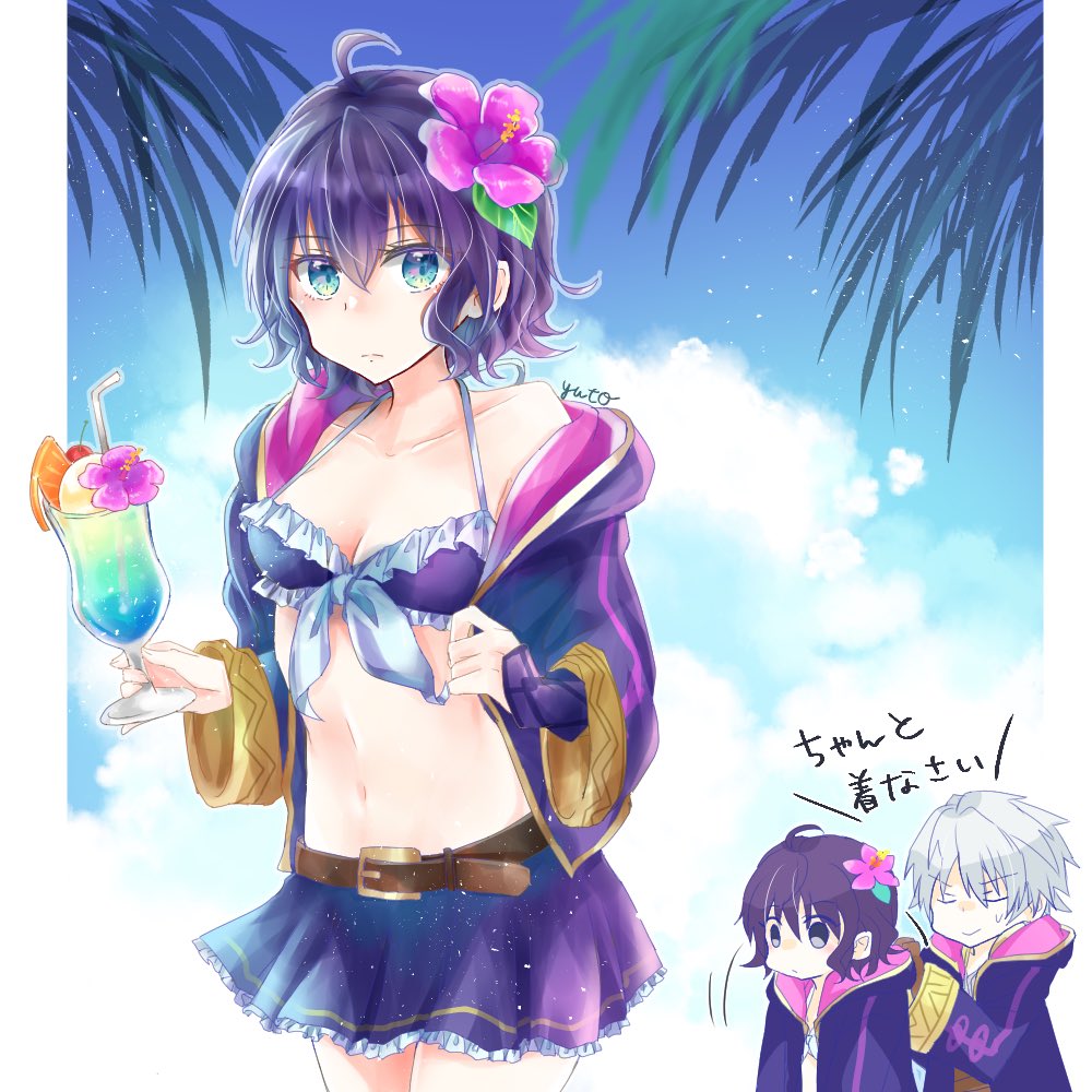 1boy 1girl alternate_costume black_hair drink father_and_daughter fire_emblem fire_emblem_awakening flower hair_flower hair_ornament hood hoodie morgan_(female)_(fire_emblem) morgan_(fire_emblem) ribbon-trimmed_swimsuit ribbon_trim robin_(fire_emblem) robin_(male)_(fire_emblem) swimsuit swimsuit_skirt white_hair yuyu_(spika)