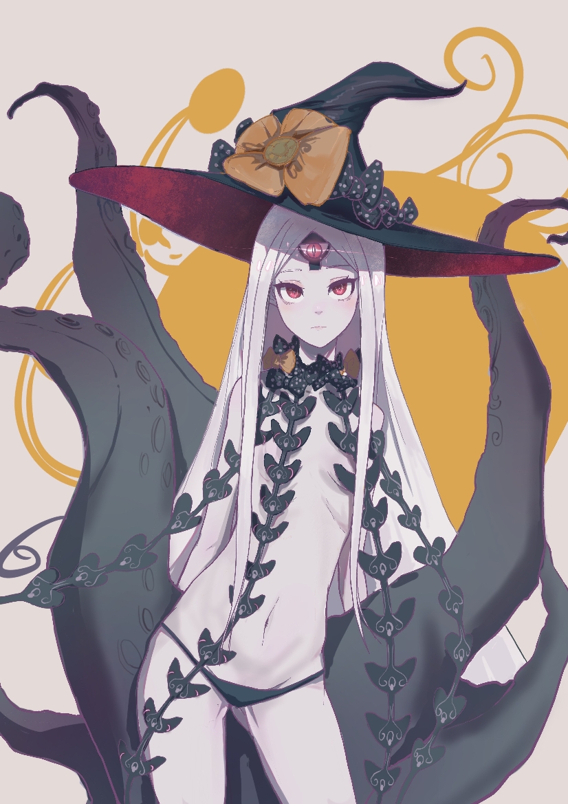 1girl abigail_williams_(fate) abigail_williams_(third_ascension)_(fate) black_bow black_hat black_panties blush bow breasts closed_mouth colored_skin fate/grand_order fate_(series) flower hat hat_bow hat_flower keyhole long_hair looking_at_viewer navel orange_bow pale_skin panties parted_bangs polka_dot polka_dot_bow red_eyes revealing_clothes small_breasts solo standing tentacles third_eye topless underwear very_long_hair white_hair white_skin witch_hat zilia