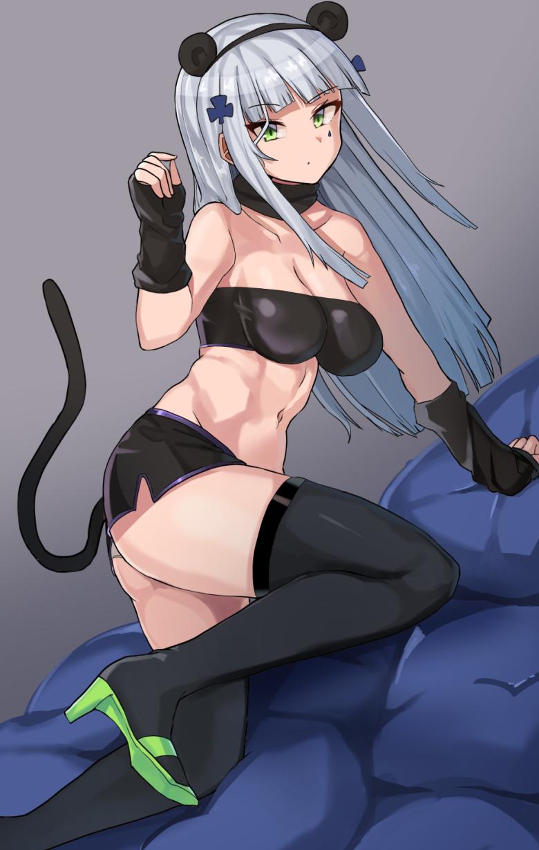 1girl animal_ears armpit_crease ass bandeau bare_shoulders black_bandeau black_gloves black_shorts black_thighhighs blue_cross blunt_bangs breasts cat_ears cat_tail cleavage clenched_hand collarbone commentary cross_hair_ornament cushion english_commentary facial_mark fake_animal_ears fake_tail fingerless_gloves foot_out_of_frame from_side girls'_frontline gloves green_eyes green_footwear grey_hair hair_ornament hair_over_shoulder hand_up head_tilt high_heels highres hk416_(girls'_frontline) justeeeeth knee_up leaning leaning_forward long_hair medium_breasts navel panties parted_bangs pillow short_shorts shorts sidelocks solo tail tattoo teardrop teardrop_facial_mark teardrop_tattoo thighhighs thighs underwear white_hair