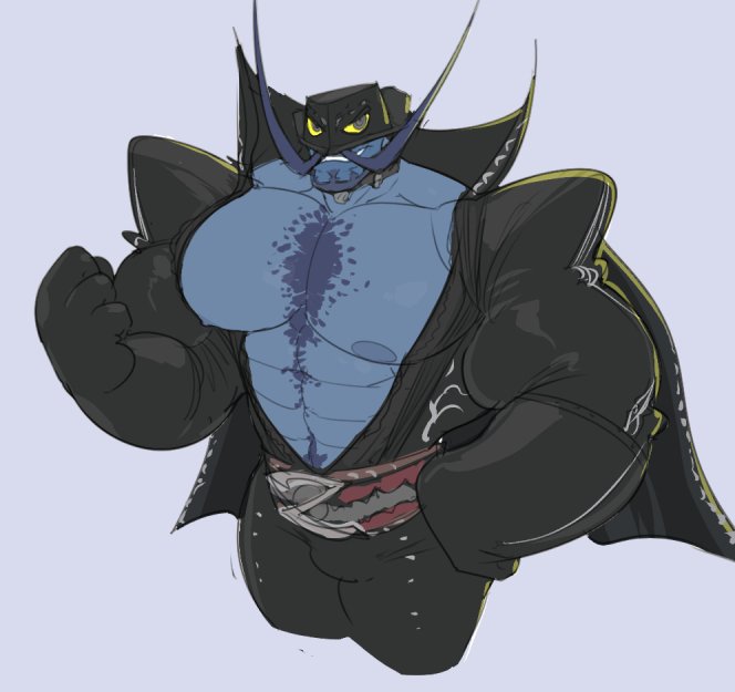 atlus bare_chest beard belt belt_buckle big_arms blue_body blue_skin facial_hair humanoid male megami_tensei megami_tensei_persona mustache ripped-saurian simple_background smile smirk solo video_games zorro_(persona_5)