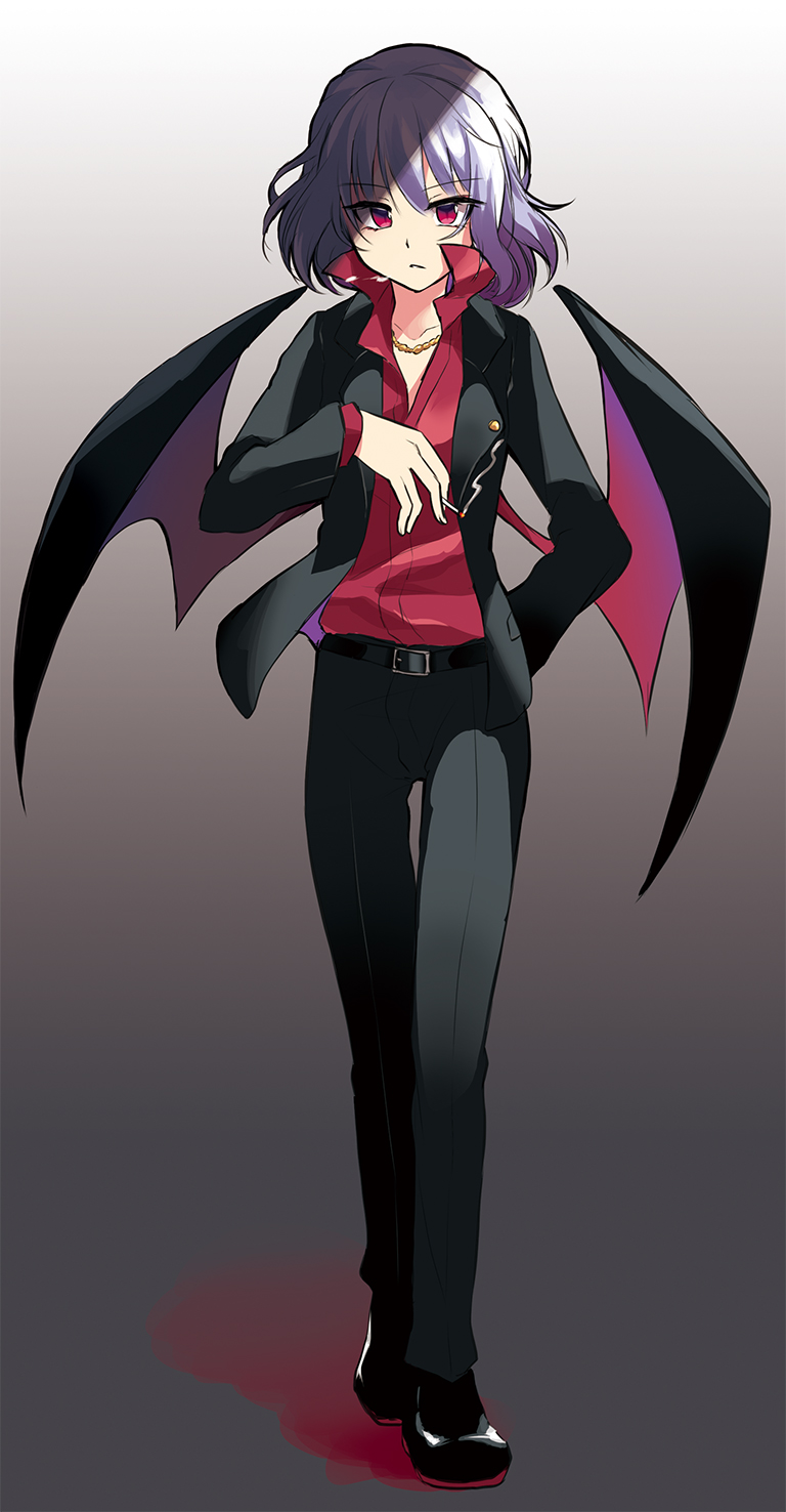 1girl :/ alternate_costume arm_behind_back bangs bat_wings belt beni_kurage black_belt black_footwear black_jacket black_pants blush breasts chain cigarette closed_mouth collarbone collared_shirt commentary_request eyebrows_visible_through_hair eyelashes fingernails formal full_body gold_chain gradient gradient_background grey_background highres holding holding_cigarette jacket jewelry light_purple_hair looking_at_viewer necklace pant_suit pants red_eyes red_shirt remilia_scarlet shirt short_hair simple_background small_breasts smoke solo standing suit touhou wing_collar wings