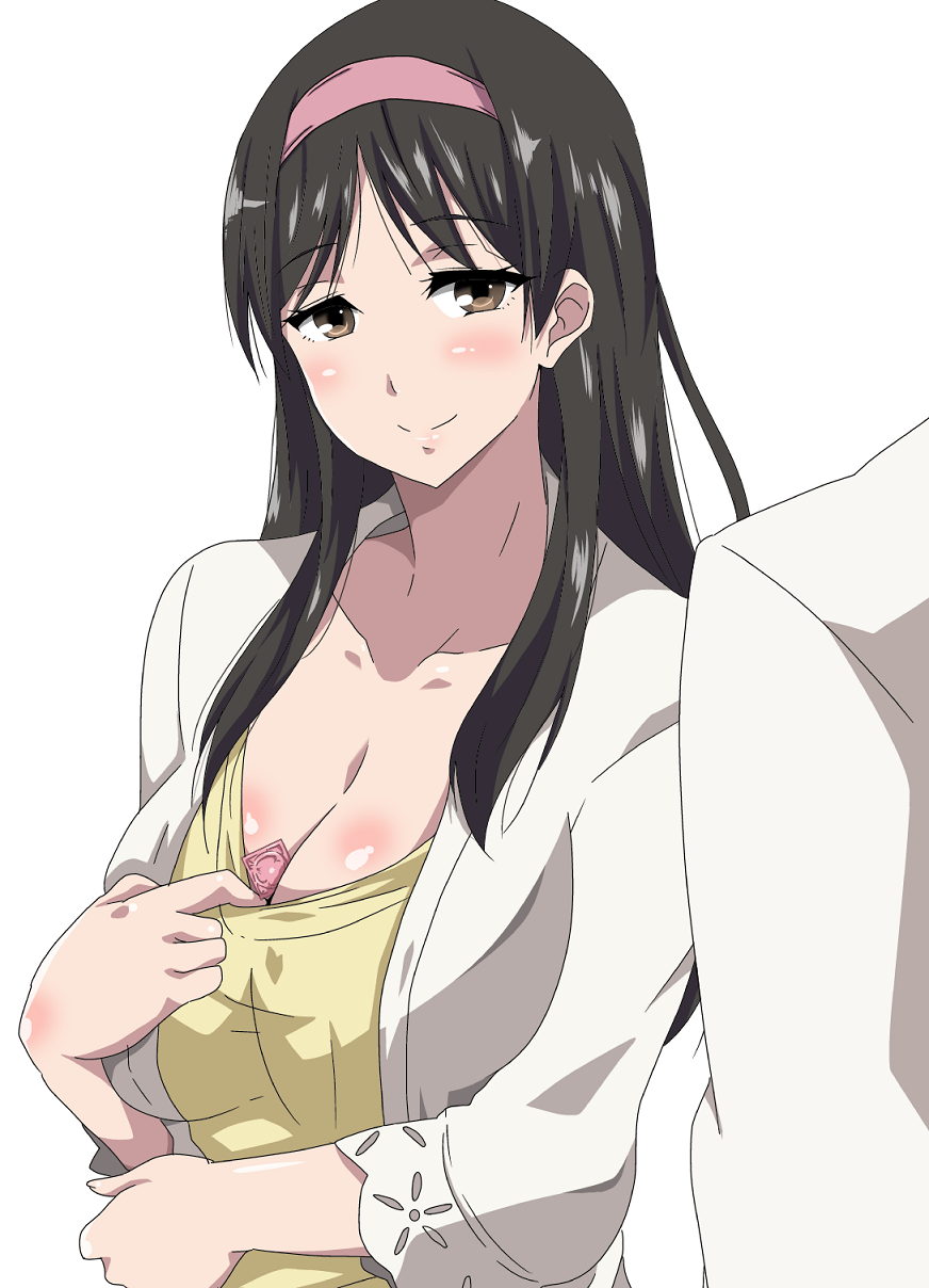 1girl adachi_eiko amagi_brilliant_park black_hair blush breasts brown_eyes cleavage closed_mouth collarbone commentary_request condom eyebrows_visible_through_hair hairband hara_(harayutaka) highres large_breasts long_hair looking_at_viewer pink_hairband shiny shiny_hair shiny_skin simple_background smile upper_body white_background