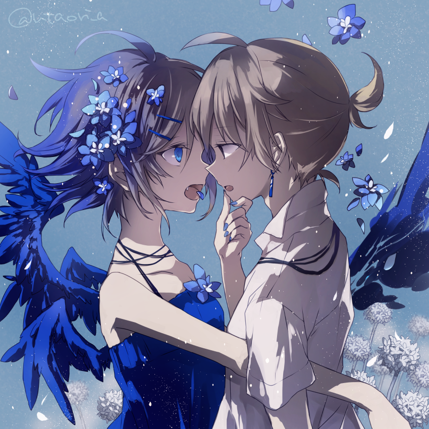 1boy 1girl ahoge bare_shoulders blonde_hair blue_background blue_dress blue_eyes blue_nails chin_grab commentary dress earrings eye_contact face-to-face fang feathered_wings flat_chest flower hair_flower hair_ornament hairclip hand_on_another's_chin hydrangea jewelry kagamine_len kagamine_rin looking_at_another open_mouth petals shirt short_hair short_ponytail short_sleeves signature spaghetti_strap twitter_username utaori vocaloid white_shirt wings