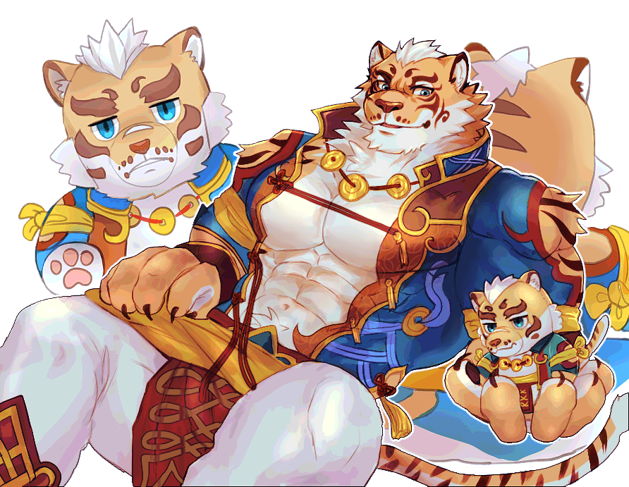 1boy abs abs_cutout animal_ears arm_cutout bara bare_pecs beige_fur blue_eyes character_doll character_request cleavage_cutout clothing_cutout feet_out_of_frame fluffy furry jewelry large_pectorals male_cleavage male_focus muscular muscular_male necklace nekojishi orange_fur pelvic_curtain short_hair shoulder_cutout skin_tight smile solo spread_legs stomach stuffed_animal stuffed_toy tiger_boy tiger_ears tiger_stripes tora_d