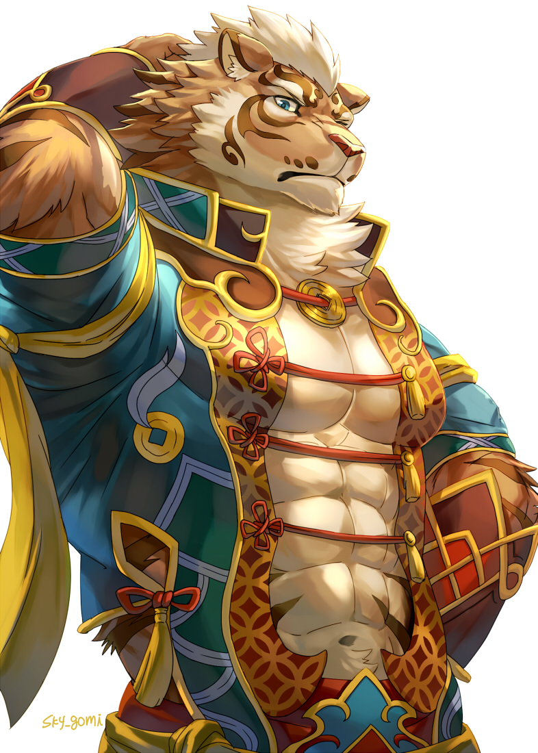 1boy abs abs_cutout animal_ears arm_behind_head bara bare_pecs beige_fur blue_eyes character_request cleavage_cutout clothing_cutout fluffy furry large_pectorals looking_at_viewer male_cleavage male_focus muscular muscular_male navel nekojishi orange_fur short_hair sky_(sora_no_gomibako) solo stomach tiger_boy tiger_ears tiger_stripes upper_body white_background