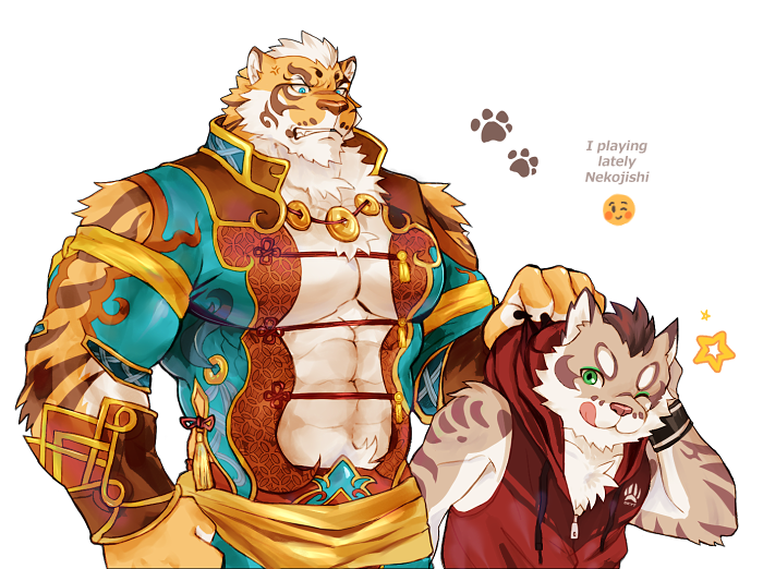 2boys :q abs abs_cutout animal_ears arm_cutout bara bare_pecs beige_fur blue_eyes character_request cleavage_cutout clothing_cutout fluffy furry green_eyes hood hooded_jacket jacket large_pectorals male_cleavage male_focus multiple_boys muscular muscular_male nekojishi orange_fur panther_boy panther_ears red_jacket short_hair shoulder_cutout sleeveless sleeveless_jacket stomach tiger_boy tiger_ears tiger_stripes tongue tongue_out tora_d