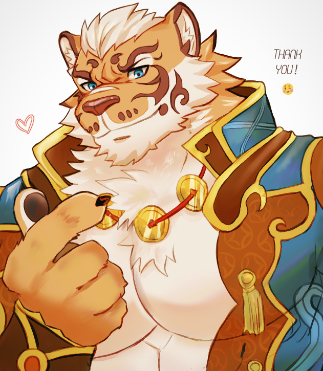 1boy abs abs_cutout animal_ears bara bare_pecs beckoning beige_fur blue_eyes character_request cleavage_cutout clothing_cutout english_text fluffy furry large_pectorals looking_at_viewer male_cleavage male_focus muscular muscular_male nekojishi orange_fur short_hair skin_tight smile solo thick_eyebrows tiger_boy tiger_ears tiger_stripes tora_d upper_body