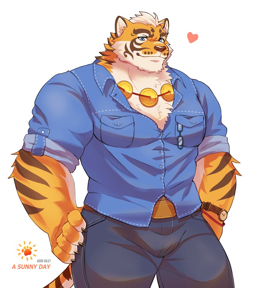 1boy abs alternate_costume animal_ears bara bare_pecs beige_fur blue_eyes blue_shirt bulge casual character_request cowboy_shot denim denim_jacket denim_shirt english_text fluffy furry heart jeans large_pectorals male_focus muscular muscular_male nekojishi orange_fur pants partially_unbuttoned shirt short_hair sleeves_rolled_up smile solo stomach tail thick_thighs thighs tiger_boy tiger_ears tiger_stripes tiger_tail tora_d watch wristwatch