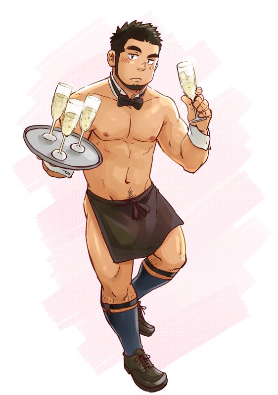 1boy apron ass bara beard black_apron black_hair blush bow bowtie bulge cup detached_collar drinking_glass facial_hair full_body holding holding_cup holding_tray leg_hair looking_at_viewer male_focus navel navel_hair nipples original pectorals raised_eyebrow shirtless short_hair sock_garters solo stomach suv thick_thighs thighs toned toned_male tray waist_apron waiter white_background wine_glass wrist_cuffs