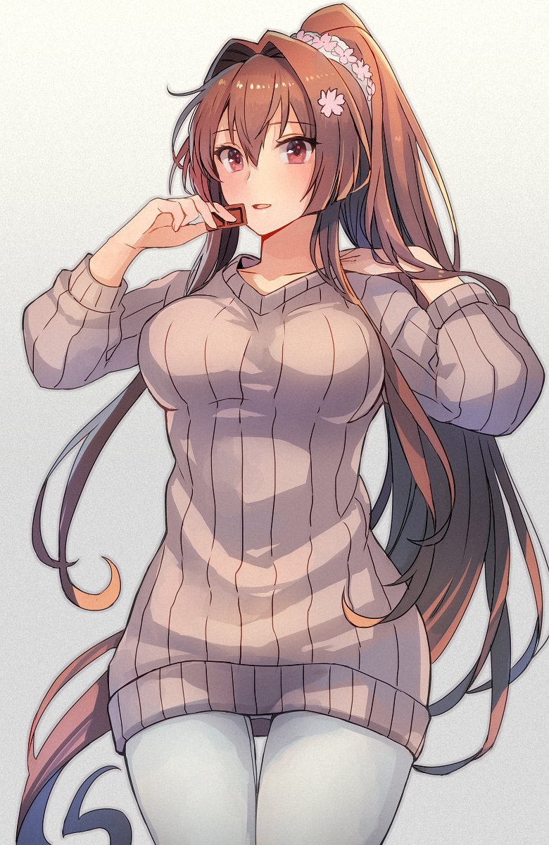 1girl blush brown_eyes brown_hair brown_sweater chocolate collarbone cowboy_shot eyebrows_visible_through_hair flower food grey_pants hair_between_eyes hair_flower hair_ornament highres holding holding_food kantai_collection kasumi_(skchkko) long_hair long_sleeves open_mouth pants pink_flower ponytail ribbed_sweater solo sweater very_long_hair yamato_(kantai_collection)