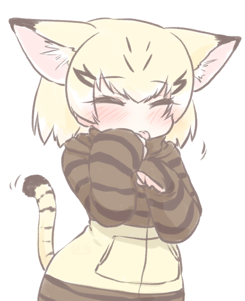 1girl animal_ears blonde_hair blush cat_ears cat_girl cat_tail closed_eyes cosplay cowboy_shot eyebrows_visible_through_hair finger_licking hood hoodie kemono_friends licking multicolored_hair print_hoodie sand_cat_(kemono_friends) short_hair snake_print solo tail tsuchinoko_(kemono_friends) tsuchinoko_(kemono_friends)_(cosplay) uho_(uhoyoshi-o)