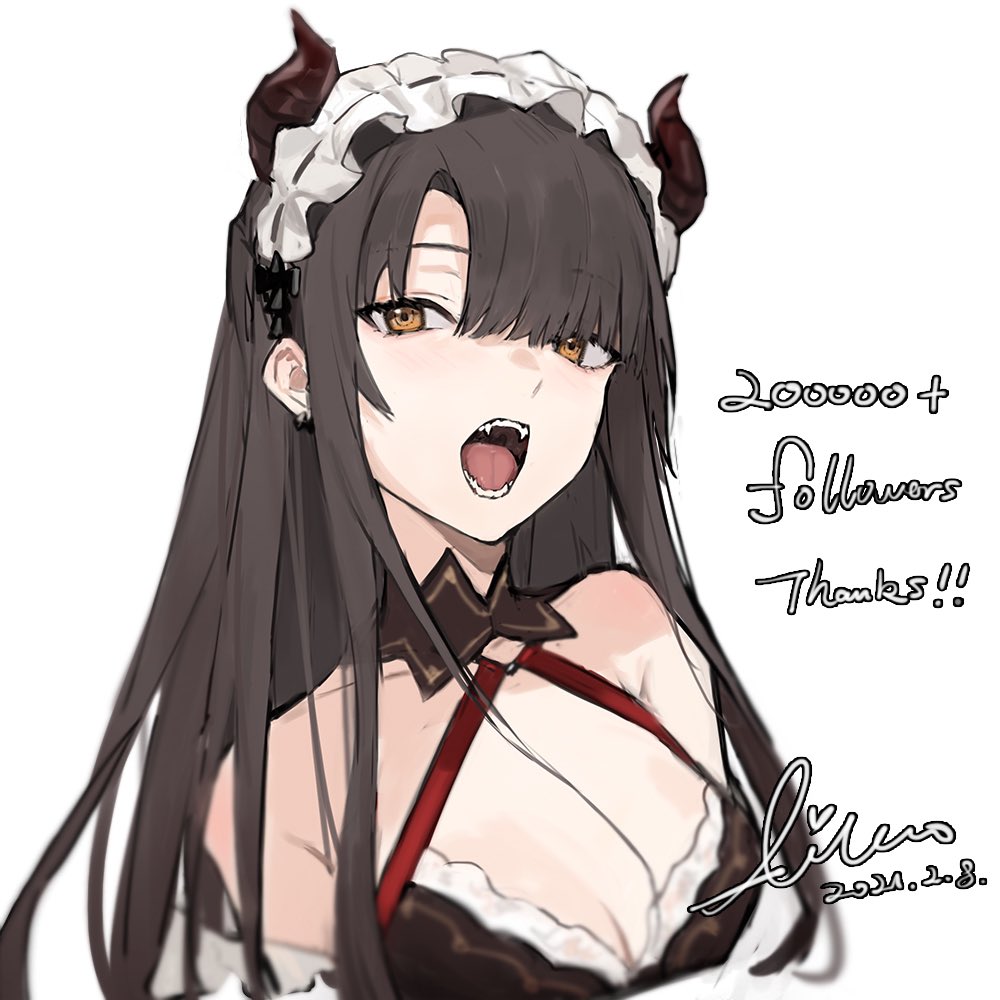 1girl :o aiko_(kanl) bare_shoulders black_hair blurry breasts brown_eyes cleavage cropped_torso demon_horns fangs halter_top halterneck headdress horns long_hair looking_at_viewer medium_breasts open_mouth original sidelocks simple_background solo taya_(aiko) white_background