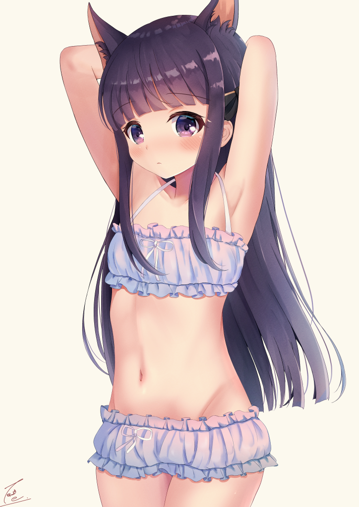 1girl animal_ear_fluff animal_ears armpits arms_behind_head arms_up bangs bare_shoulders blunt_bangs blush bra cinderella_bust closed_mouth collarbone commentary_request cowboy_shot extra_ears eyebrows_visible_through_hair flat_chest frilled_bra frilled_panties frills groin kasumi_(princess_connect!) long_hair looking_at_viewer midriff navel panties princess_connect! princess_connect!_re:dive purple_bra purple_eyes purple_hair purple_panties ribbon-trimmed_underwear ribbon_trim sidelocks signature simple_background solo standing teren underwear underwear_only very_long_hair white_background