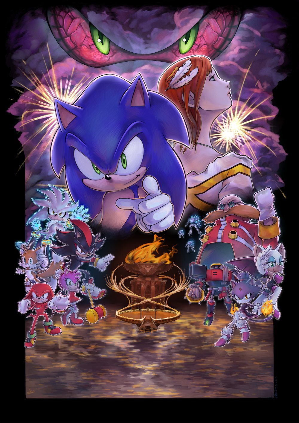 4girls 6+boys amy_rose animal_nose bat_wings black_border blaze_the_cat border brown_hair closed_mouth colored_sclera dr._eggman e-123_omega f-sonic facial_hair furry gloves green_eyes hammer highres knuckles_the_echidna looking_at_viewer mephiles_the_dark multiple_boys multiple_girls mustache princess_elise_the_third red_sclera robot rouge_the_bat shadow_the_hedgehog silver_the_hedgehog sonic_the_hedgehog sonic_the_hedgehog_(2006) tail tails_(sonic) white_gloves wings