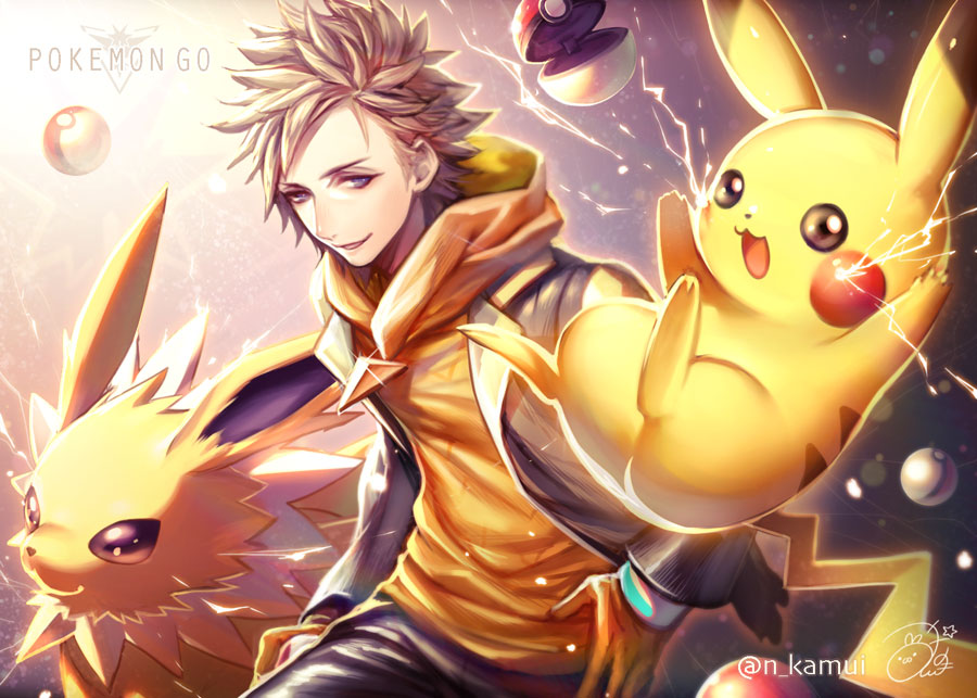 1boy artist_name blonde_hair commentary electricity gen_1_pokemon gloves grey_eyes jolteon looking_to_the_side male_focus n_kamui open_clothes orange_gloves parted_lips pikachu poke_ball poke_ball_(basic) pokemon pokemon_(creature) pokemon_(game) pokemon_go signature spark_(pokemon) spiked_hair