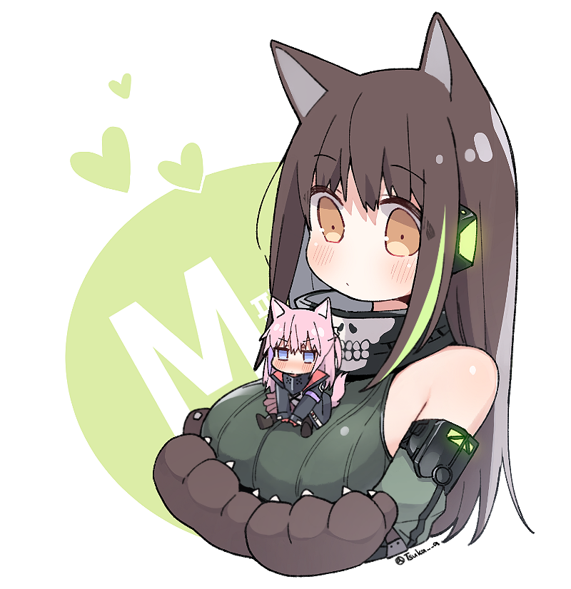 2girls animal_ears bangs blue_eyes blush breasts brown_eyes brown_hair eyebrows_visible_through_hair girls_frontline green_hair jacket long_hair long_sleeves m4a1_(girls_frontline) minigirl multicolored_hair multiple_girls paws pink_hair scarf sitting st_ar-15_(girls_frontline) streaked_hair tsuka white_background