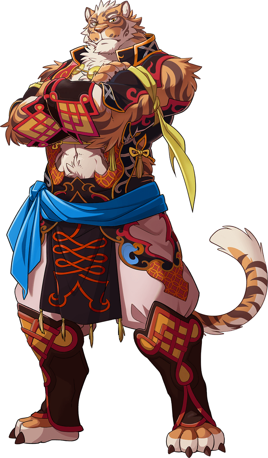 1boy abs abs_cutout animal_ears arashi_takemoto arm_cutout artist_request bara beige_fur check_artist crossed_arms furry gyee highres lin_hu_(nekojishi) male_focus midriff muscular muscular_male navel navel_hair nekojishi official_alternate_costume official_art orange_fur short_hair solo tail tiger_boy tiger_ears tiger_stripes tiger_tail