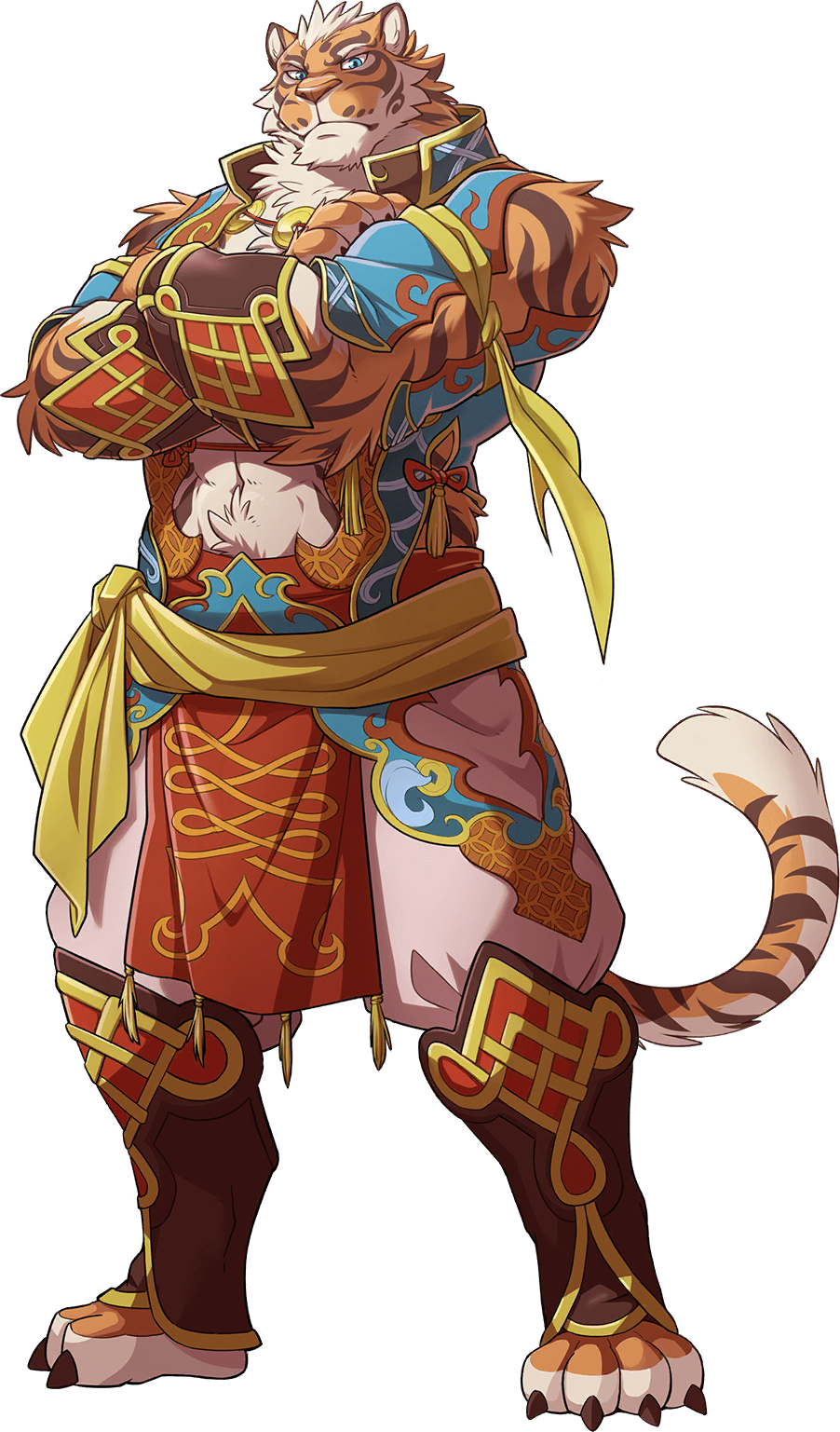 1boy abs abs_cutout animal_ears arashi_takemoto arm_cutout artist_request bara beige_fur check_artist crossed_arms furry gyee highres lin_hu_(nekojishi) male_focus midriff muscular muscular_male navel navel_hair nekojishi official_art orange_fur short_hair solo tail tiger_boy tiger_ears tiger_stripes tiger_tail