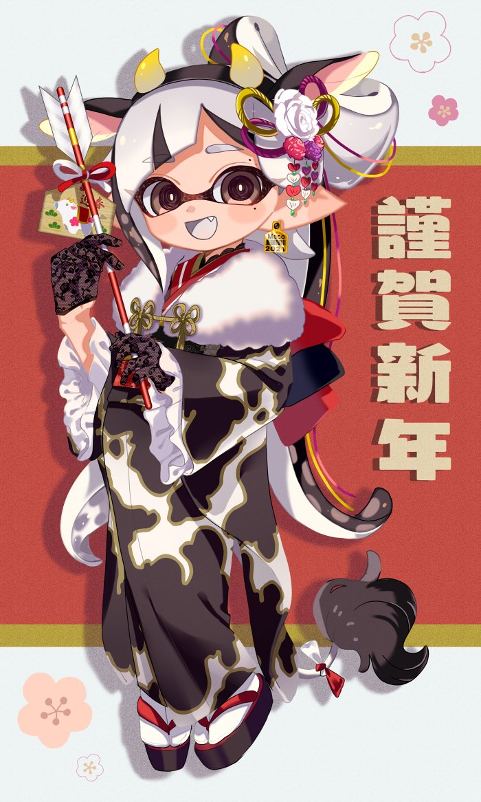 1girl 2020 :d animal_ears animal_print arrow_(projectile) artist_name asymmetrical_bangs bangs black_footwear black_gloves brown_eyes cow_ears cow_horns cow_print cow_tail domino_mask earrings ema fake_animal_ears fake_horns fang frilled_sleeves frills full_body fur_shawl gloves grey_tongue hagoita hair_ornament happy_new_year holding holding_arrow horns inkling japanese_clothes jewelry kimono long_hair long_sleeves looking_at_viewer maco_spl mask mole mole_under_eye new_year obi open_mouth paddle pointy_ears print_kimono sandals sash shadow silver_hair smile solo splatoon_(series) standing tabi tail tentacle_hair translated very_long_hair white_legwear