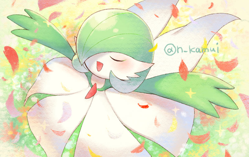 artist_name blush closed_eyes commentary_request flower from_above gardevoir gen_3_pokemon head_back n_kamui open_mouth outstretched_arms petals pokemon smile sparkle