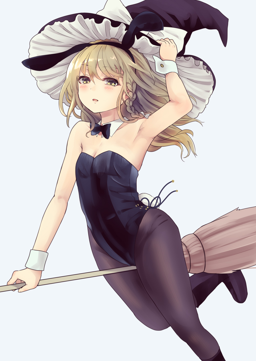 1girl alternate_costume animal_ears bangs bare_shoulders black_bow black_hairband black_headwear black_legwear black_leotard black_neckwear blonde_hair blush boots bow bowtie braid breasts broom broom_riding bunny_ears bunny_tail commentary_request culter detached_collar fake_animal_ears foot_out_of_frame hair_between_eyes hair_bow hair_ribbon hairband hand_on_headwear hat hat_bow highres kirisame_marisa leotard long_hair pantyhose parted_lips playboy_bunny ribbon side_braid simple_background small_breasts solo tail touhou tress_ribbon white_background white_bow yellow_eyes