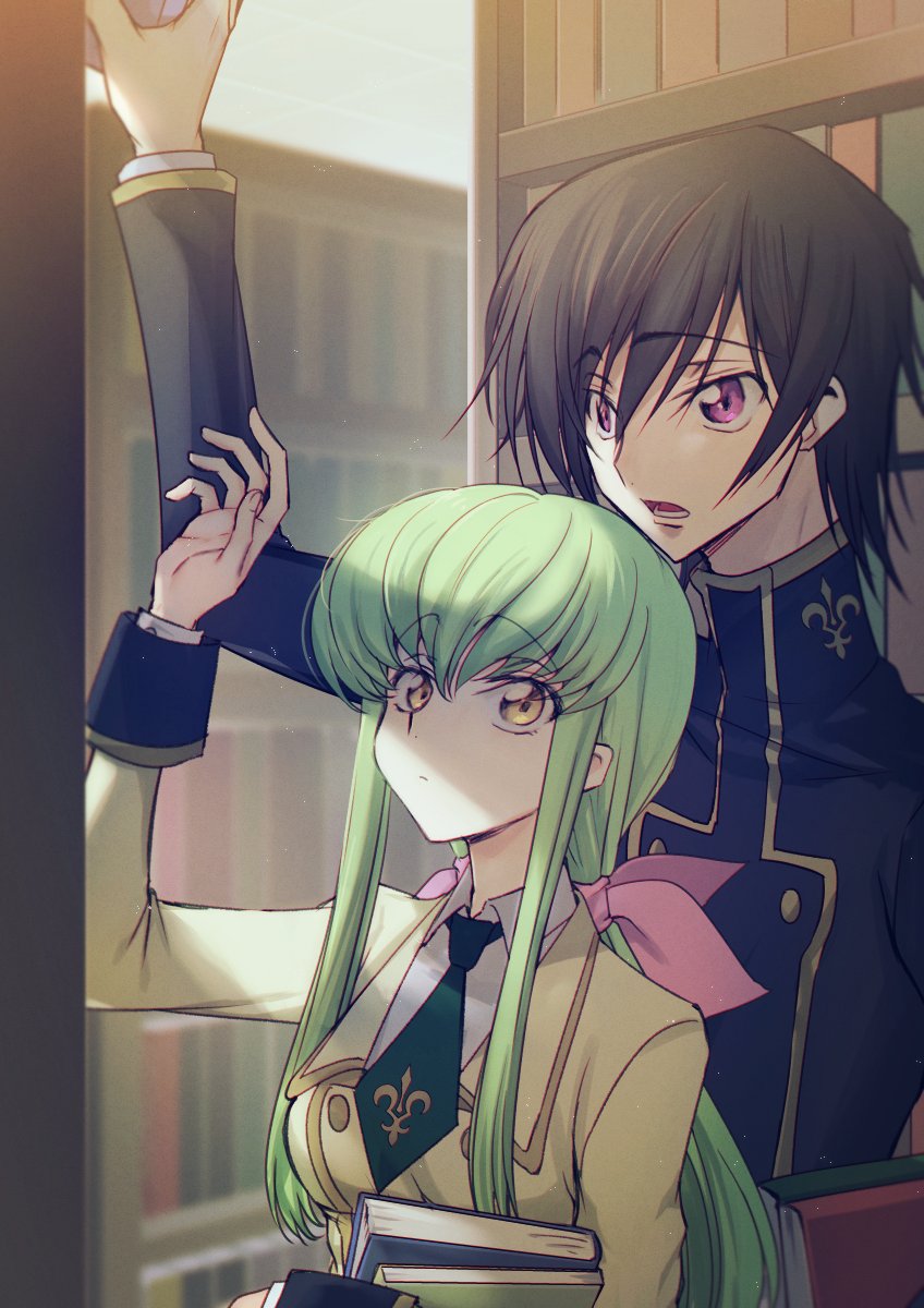 1boy 1girl arm_up ashford_academy_uniform black_hair book bookshelf c.c. code_geass creayus eyebrows_visible_through_hair green_hair height_difference highres lelouch_lamperouge library long_hair low_twintails open_mouth pink_ribbon purple_eyes ribbon short_hair twintails yellow_eyes
