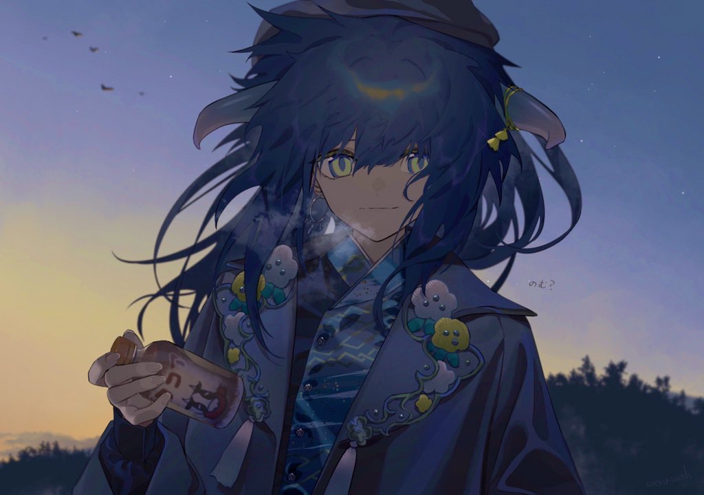 1girl bottle breath cow_girl dark_blue_hair dusk earrings green_eyes hair_between_eyes haizome_senri hat horns jewelry long_hair looking_at_viewer milk_bottle original outdoors sky smile solo sunset