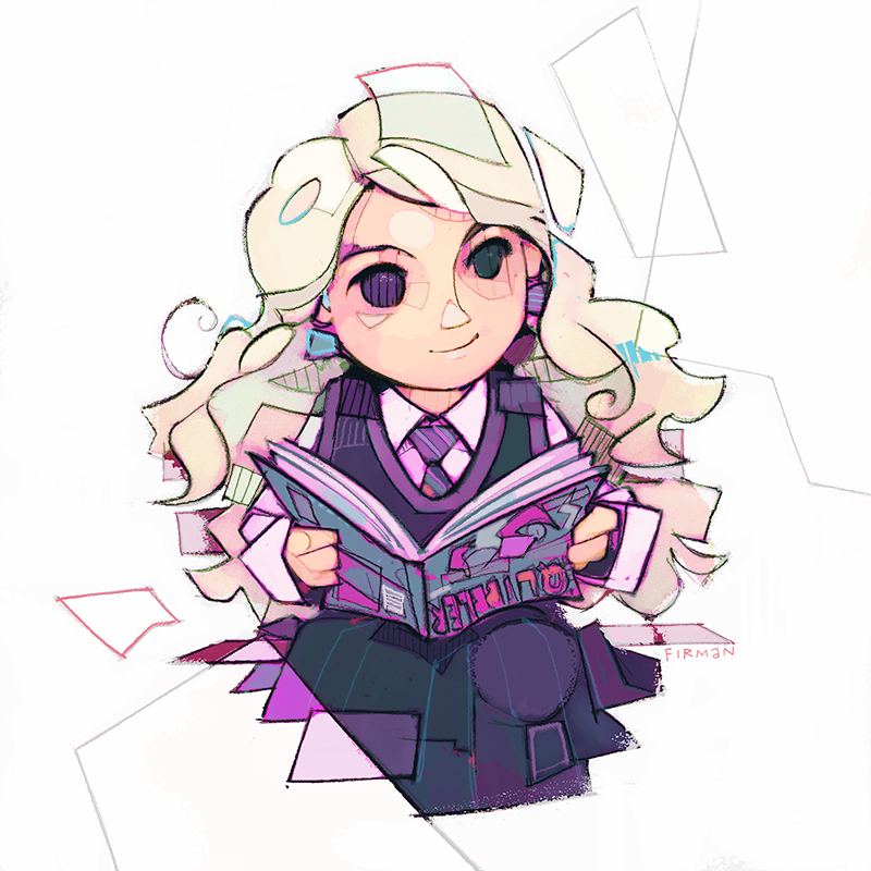 blonde_hair earrings harry_potter jewelry looking_afar luna_lovegood michaelfirman necktie reading school_uniform sitting skirt smile