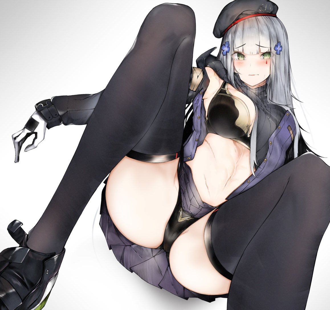 1girl ass bangs beret black_bra black_headwear black_legwear black_panties black_sweater blunt_bangs blush bra breasts closed_mouth ekuesu eyebrows_visible_through_hair facial_mark foot_out_of_frame girls_frontline gloves green_eyes hair_ornament hat hk416_(girls_frontline) jacket knees_up large_breasts long_hair long_sleeves looking_at_viewer lying navel on_back open_clothes open_jacket panties pleated_skirt purple_jacket purple_skirt shoes silver_background silver_hair skirt solo spread_legs sweater teardrop thighhighs thighs underwear white_gloves