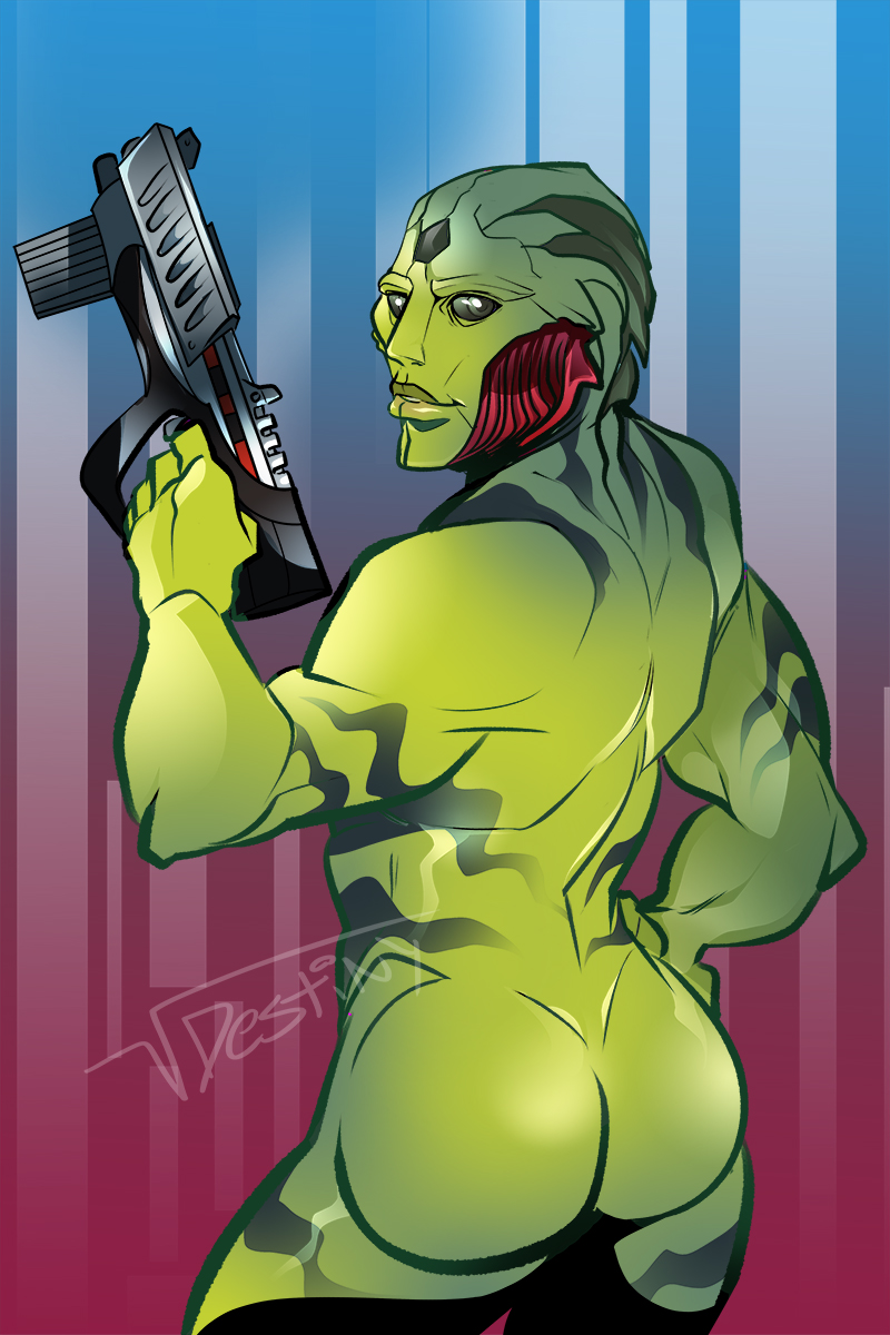 2:3 alien alien_humanoid bioware drell hi_res humanoid looking_at_viewer male mass_effect pinup pose solo squarerootofdestiny thane_krios video_games weapon