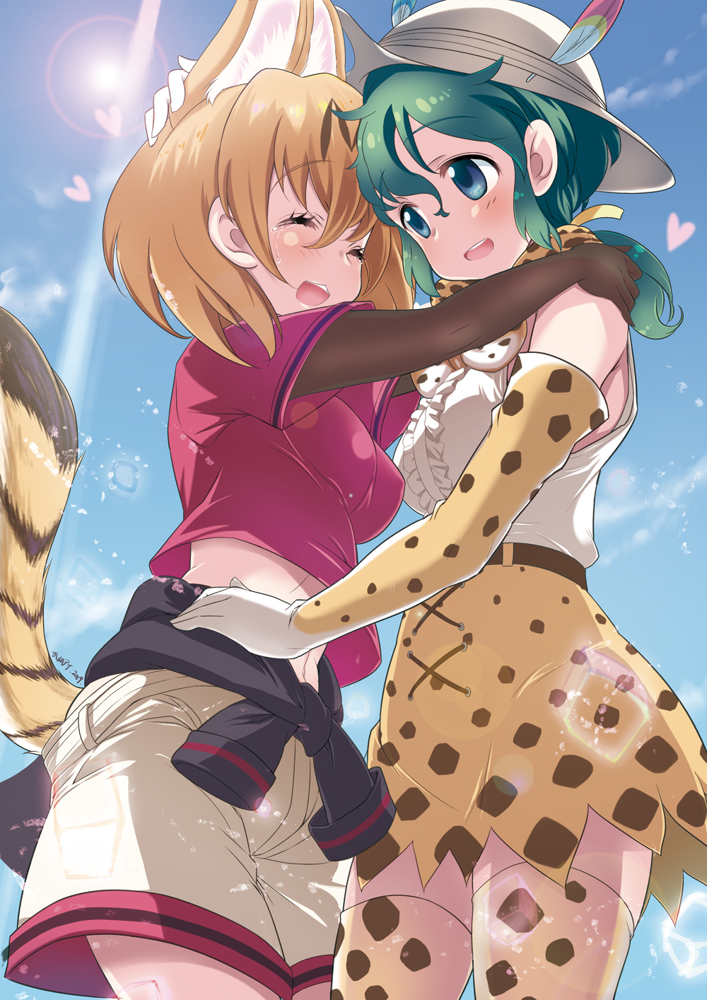 2girls animal_ears bare_shoulders belt black_gloves black_jacket blonde_hair blue_eyes blush bow bowtie center_frills closed_eyes clothes_around_waist commentary_request cosplay costume_switch cowboy_shot elbow_gloves extra_ears frills gloves green_hair hat_feather helmet high-waist_skirt highres hug jacket jacket_around_waist kaban_(kemono_friends) kanou_aira kemono_friends multiple_girls no_legwear pith_helmet print_bow print_gloves print_legwear print_neckwear print_skirt protected_link red_shirt serval_(kemono_friends) serval_ears serval_print serval_tail shirt short_hair short_sleeves shorts skirt sleeveless t-shirt tail tears thighhighs white_shirt zettai_ryouiki