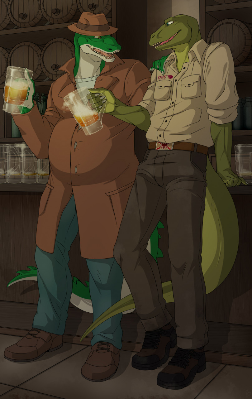 5_fingers alcohol alligator alligatorid anthro beer beer_mug beverage blue_eyes bottomwear brown_bottomwear brown_clothing brown_footwear brown_hat brown_headwear brown_pants brown_shoes claws clothed clothing cregon crocodile crocodilian crocodylid denim denim_clothing dracenmarx duo eye_contact fedora fingers footwear fully_clothed green_body green_scales hand_on_another's_shoulder hat headgear headwear hi_res jeans lewis_resmond lizard looking_at_another male monitor_lizard multicolored_body open_maw open_mouth pants reptile scales scalie shoes trucker two_tone_body uniform white_body white_scales yellow_eyes zeta-la-angie