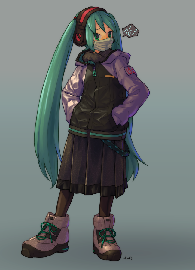 1girl aqua_hair black_legwear boots commentary earmuffs full_body gradient gradient_background green_eyes hands_in_pockets hatsune_miku headphones jacket long_hair long_skirt mask mouth_mask pantyhose pleated_skirt skirt solo surgical_mask tessaku_ro translated twintails very_long_hair vocaloid winter_clothes