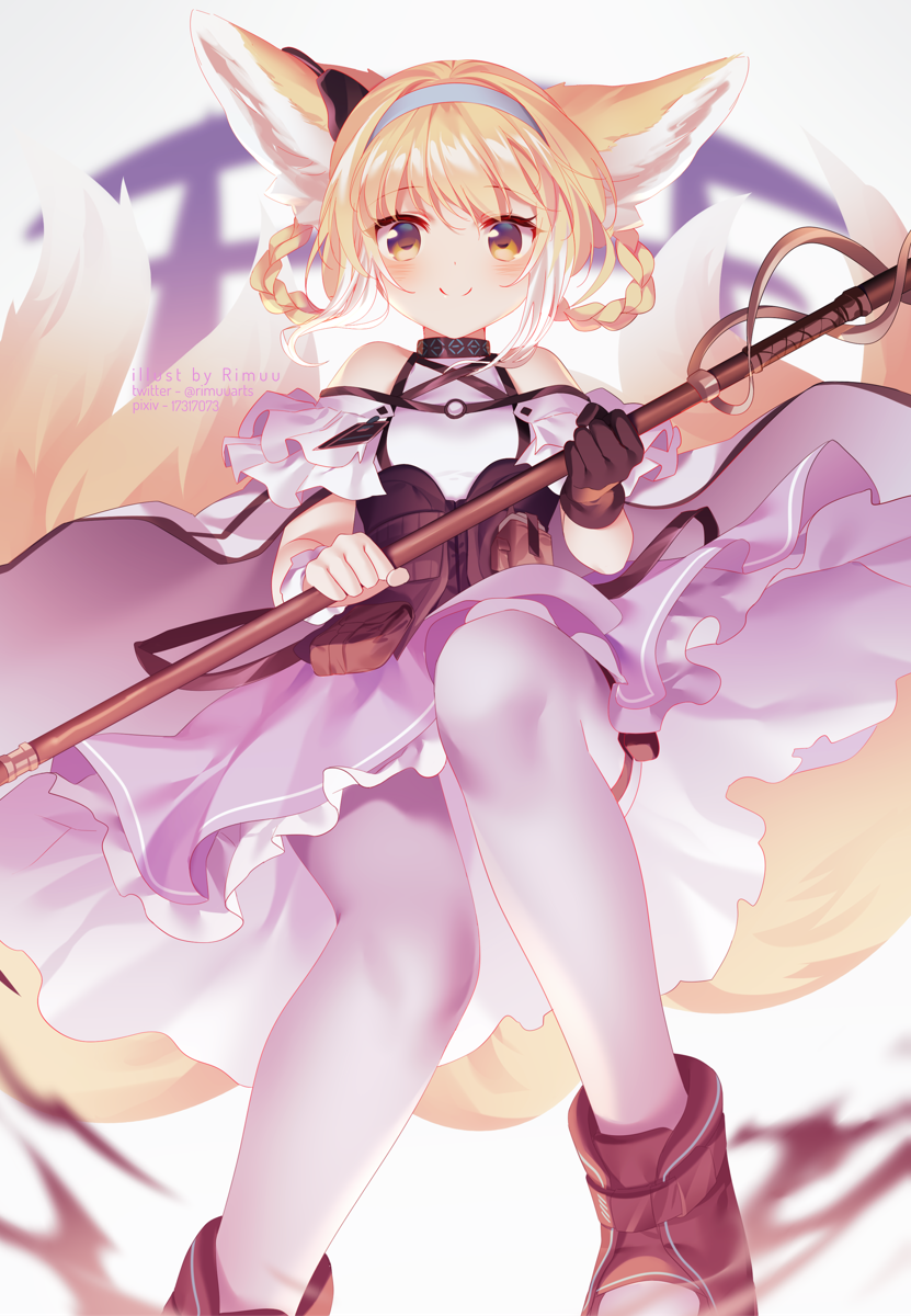 1girl animal_ears arknights artist_name bangs bare_shoulders black_footwear black_gloves blonde_hair blue_hairband blush boots braid brown_eyes closed_mouth commentary_request eyebrows_visible_through_hair fox_ears fox_girl fox_tail frilled_skirt frills gloves hair_between_eyes hair_rings hairband highres holding kyuubi looking_at_viewer multicolored_hair multiple_tails pantyhose pixiv_id purple_skirt rimuu shirt single_glove single_wrist_cuff skirt smile solo suzuran_(arknights) tail twin_braids twitter_username two-tone_hair white_hair white_legwear white_shirt