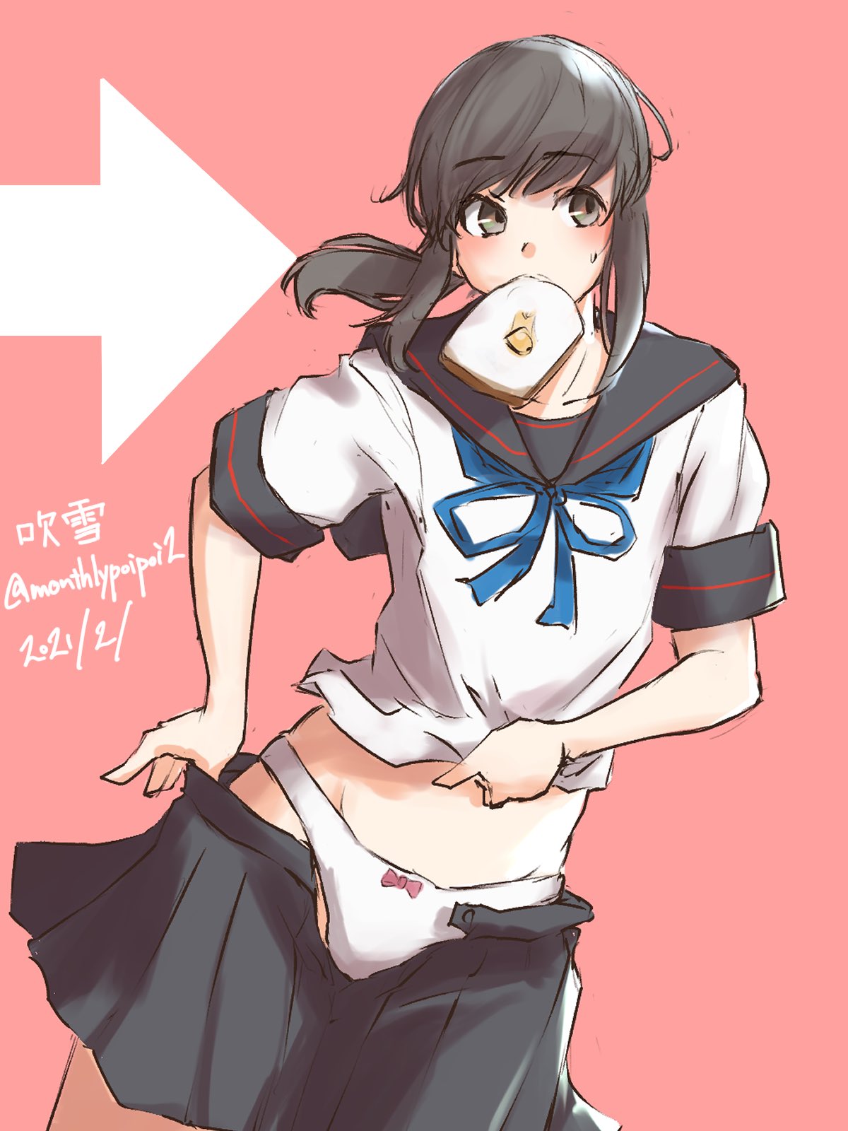 1girl arrow_(symbol) black_eyes black_hair black_sailor_collar black_skirt blue_neckwear bread butter commentary_request cowboy_shot dated dressing facing_viewer food food_in_mouth fubuki_(kancolle) highres kantai_collection late_for_school long_hair low_ponytail mouth_hold neckerchief panties pink_background pleated_skirt ponytail remodel_(kantai_collection) sailor_collar school_uniform serafuku short_ponytail sidelocks sideways_glance skirt solo toast toast_in_mouth twitter_username umibudou underwear white_panties