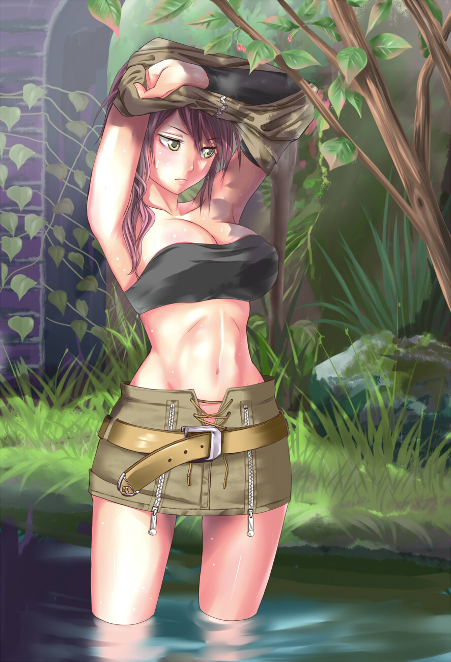 1girl armpits arms_up asymmetrical_bangs bandeau bangs belt black_bra blush bra breasts collarbone commentary_request cowboy_shot detached_sleeves eyebrows_visible_through_hair final_fantasy final_fantasy_xiii frown giniro_no_yatsu grass green_eyes green_shirt hair_between_eyes highres large_breasts lightning_farron long_hair looking_down midriff miniskirt navel outdoors pink_hair reflection shiny shiny_hair shirt single_sidelock skirt solo standing strapless sweat sweatdrop toned tree tubetop underwear undressing wading water zipper